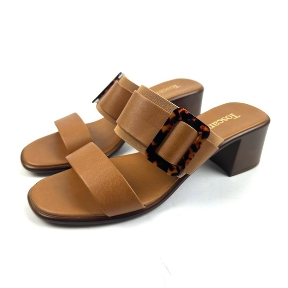 Toscanella Sandals 9.5 Cognac Brown Made In Italy Slip On Tortoise Buckle New - Picture 1 of 9